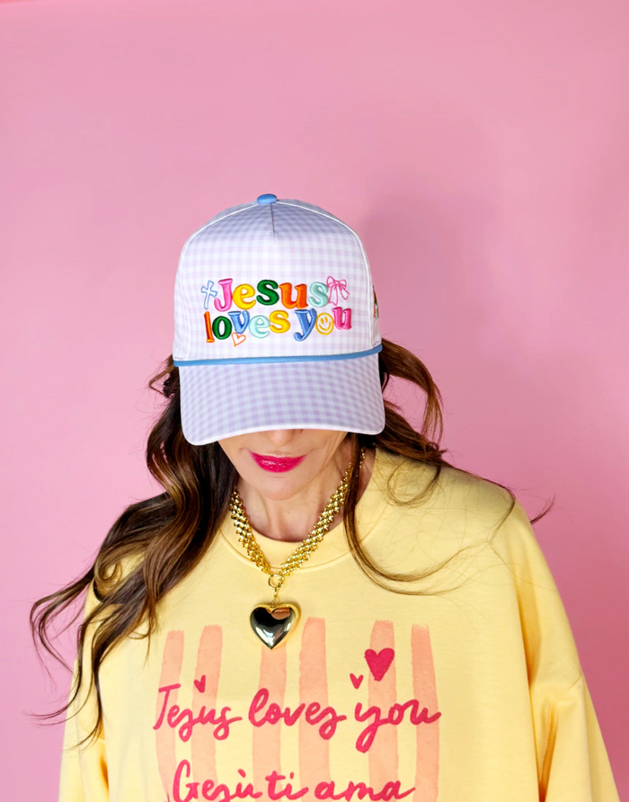 Purple Checker Jesus Loves You Hat