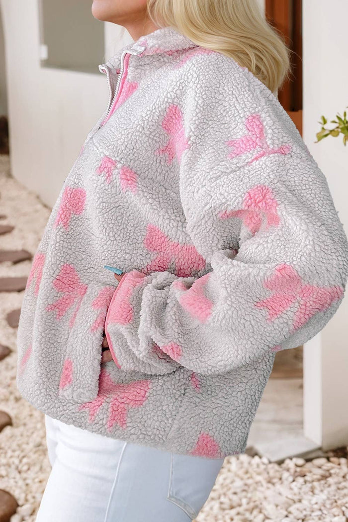 Quarter Zip Drop Shoulder Bow Sherpa Baggy Sweatshirt