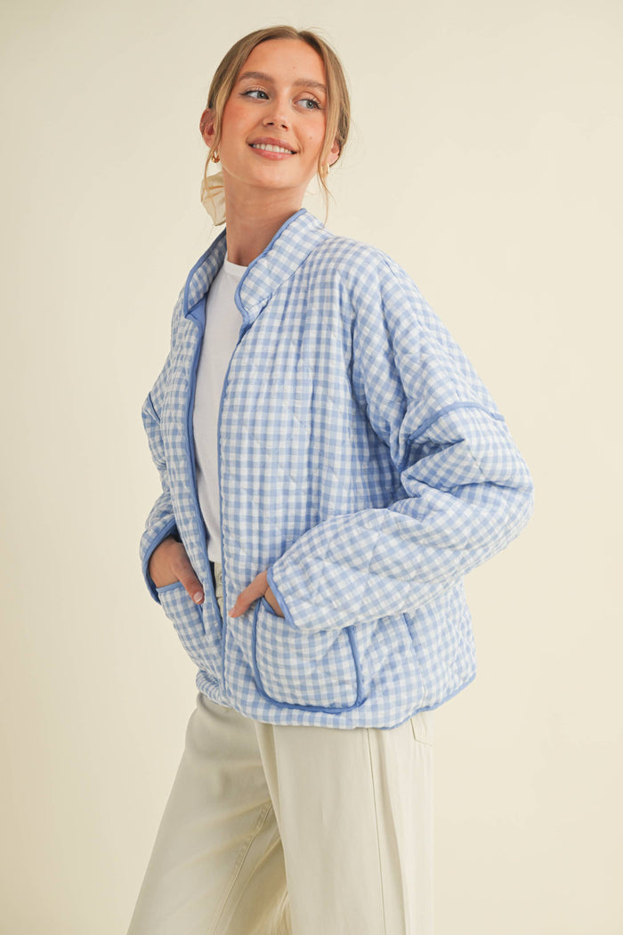 QUILTED PLAID PUFF JACKET WITH POCKETS