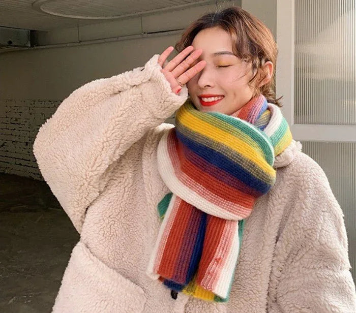 Rainbow Striped Scarf - Warm Knitted Acrylic Shawl, 180cm x 35cm, All-Match Stylish Accessory - Allen-Fitness