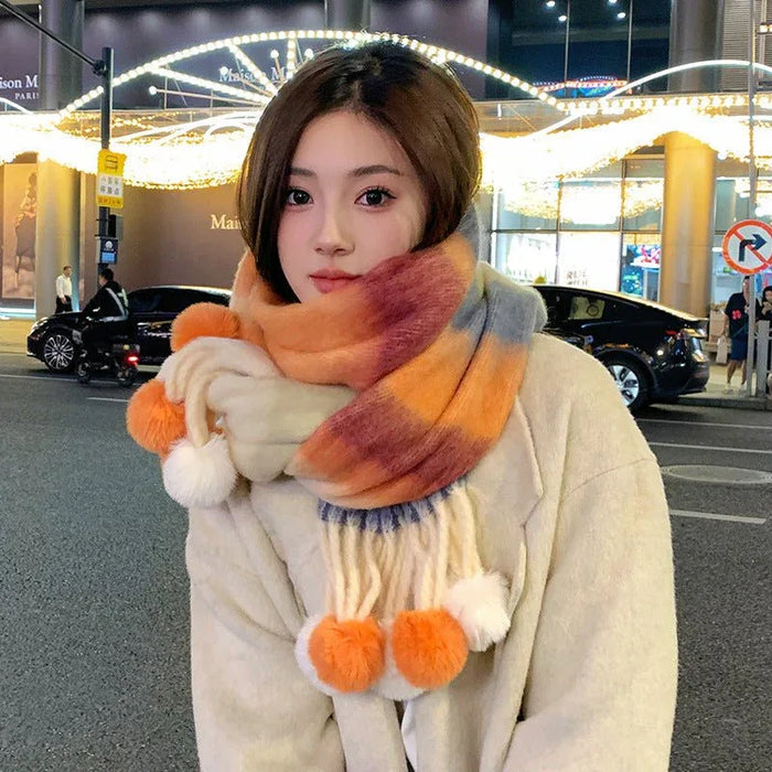 Rainbow Striped Scarf with Hanging Balls for Women, Warm Imitation Cashmere, Winter Fashion 40x200 cm - Allen-Fitness