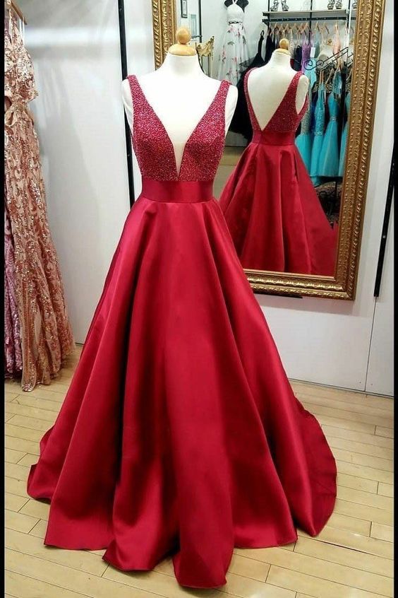 Red Prom Dress 2022 Sparkle V-neck Long Sleeveless Satin