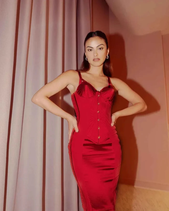 Red Satin Christmas Party Dress - Sexy Pleated Strapless Evening Outfit - Allen-Fitness