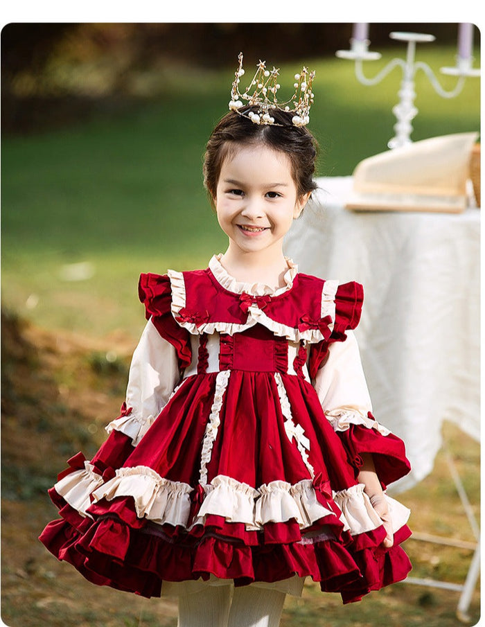 Renaissance Burgundy Christmas Long Sleeves Frilled with Bow(s) Costume Girls Lolita Dress
