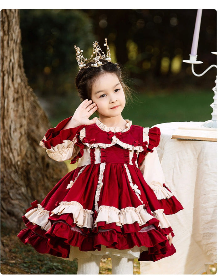 Renaissance Burgundy Christmas Long Sleeves Frilled with Bow(s) Costume Girls Lolita Dress