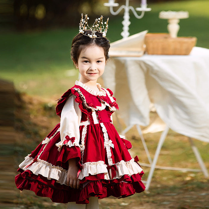 Renaissance Burgundy Christmas Long Sleeves Frilled with Bow(s) Costume Girls Lolita Dress