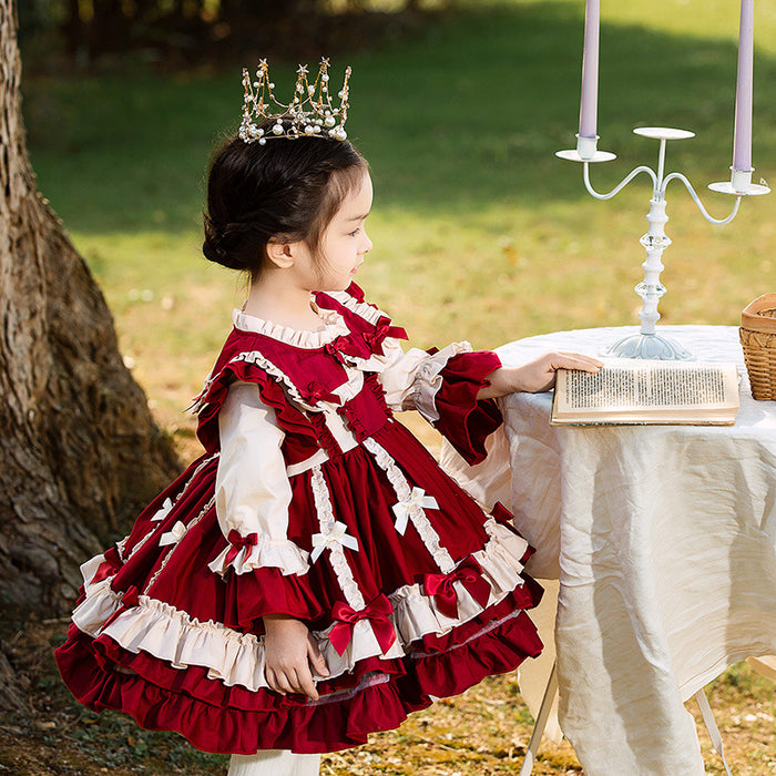Renaissance Burgundy Christmas Long Sleeves Frilled with Bow(s) Costume Girls Lolita Dress