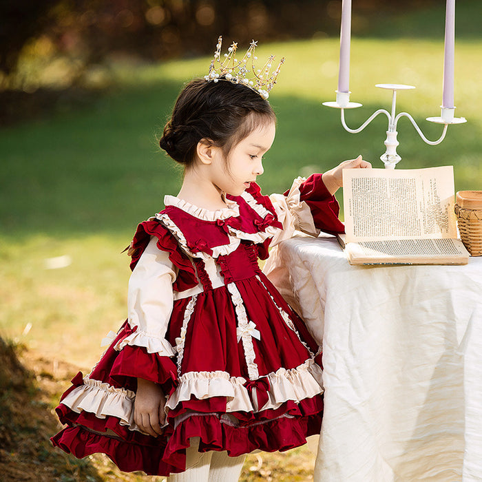 Renaissance Burgundy Christmas Long Sleeves Frilled with Bow(s) Costume Girls Lolita Dress