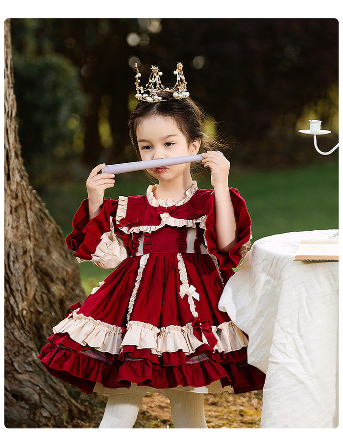 Renaissance Burgundy Christmas Long Sleeves Frilled with Bow(s) Costume Girls Lolita Dress