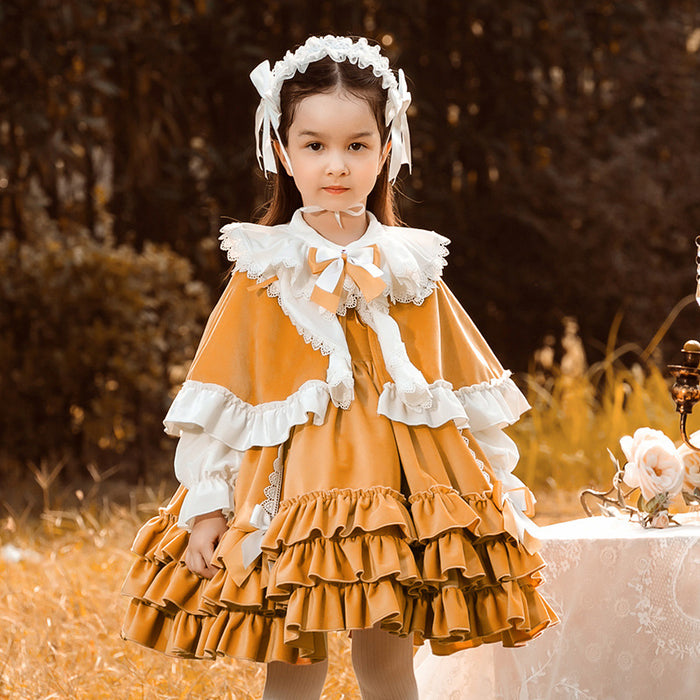 Renaissance Orange Long Sleeves Tiered/Layered Cloak Velvet with Bow(s) Girls Lolita Dress