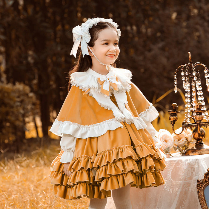 Renaissance Orange Long Sleeves Tiered/Layered Cloak Velvet with Bow(s) Girls Lolita Dress
