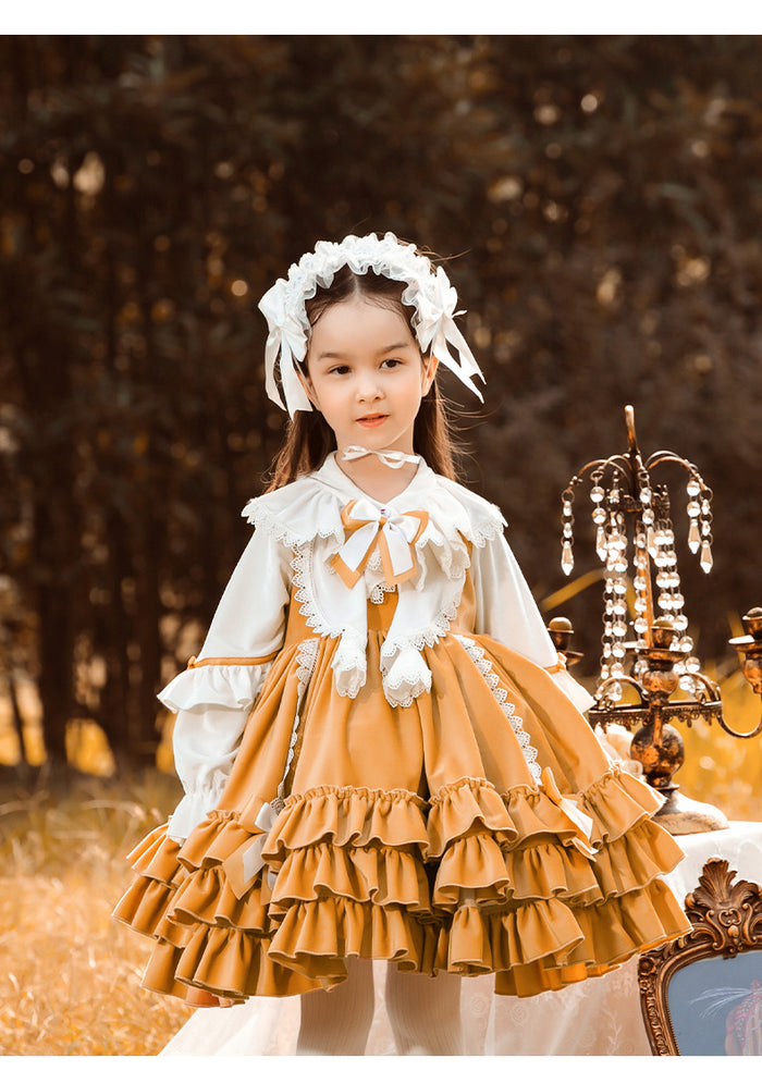 Renaissance Orange Long Sleeves Tiered/Layered Cloak Velvet with Bow(s) Girls Lolita Dress