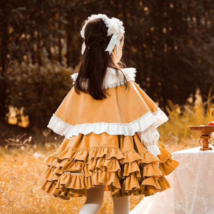 Renaissance Orange Long Sleeves Tiered/Layered Cloak Velvet with Bow(s) Girls Lolita Dress