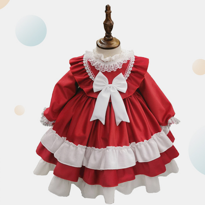 Renaissance Red Christmas Long Sleeves Frilled Velvet with Lace Bow(s) Girls Lolita Dress