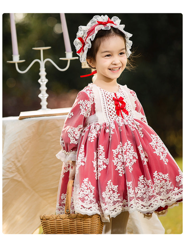 Renaissance Red Long Sleeves Jewel Neck Lace with Bow(s) Girls Lolita Dress