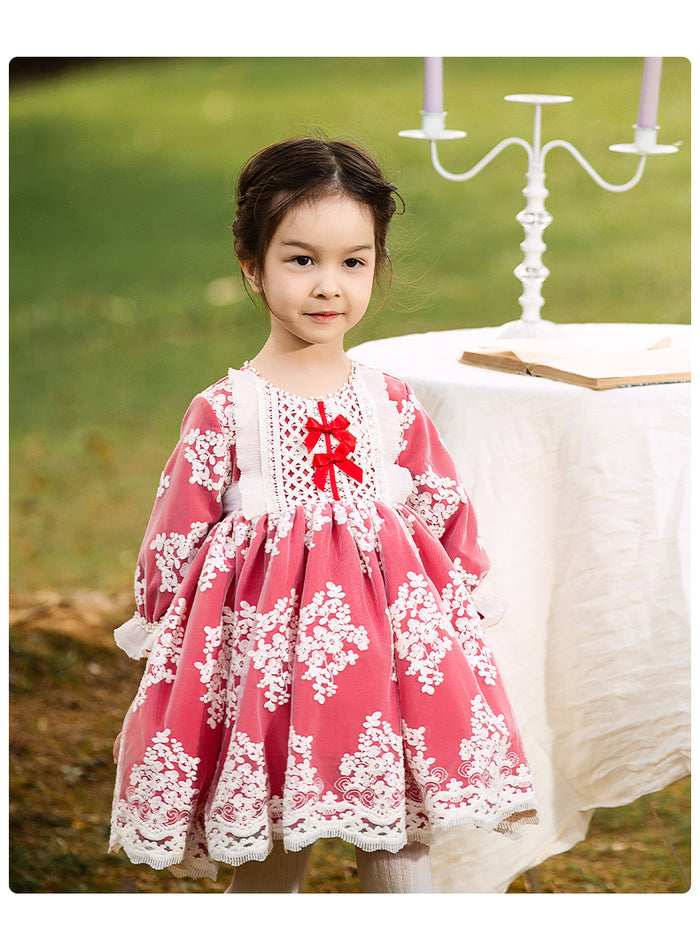 Renaissance Red Long Sleeves Jewel Neck Lace with Bow(s) Girls Lolita Dress