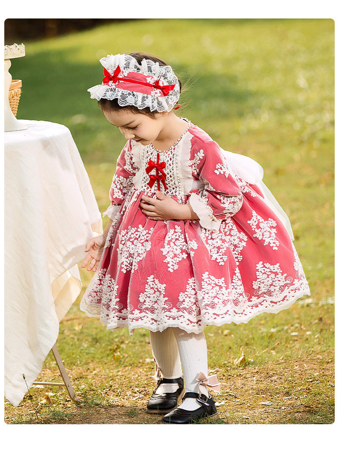 Renaissance Red Long Sleeves Jewel Neck Lace with Bow(s) Girls Lolita Dress