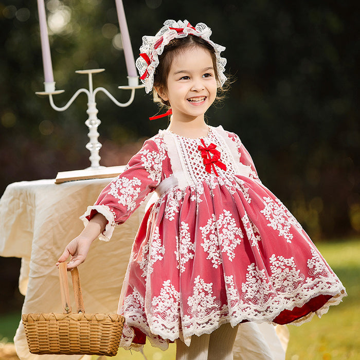 Renaissance Red Long Sleeves Jewel Neck Lace with Bow(s) Girls Lolita Dress