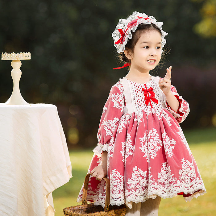 Renaissance Red Long Sleeves Jewel Neck Lace with Bow(s) Girls Lolita Dress