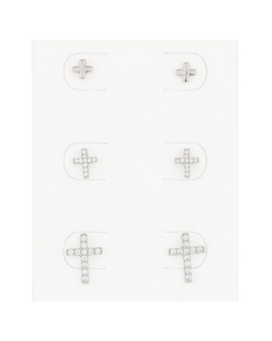 Rhinestone Cross 3-Piece Assorted Earring Set in Silver