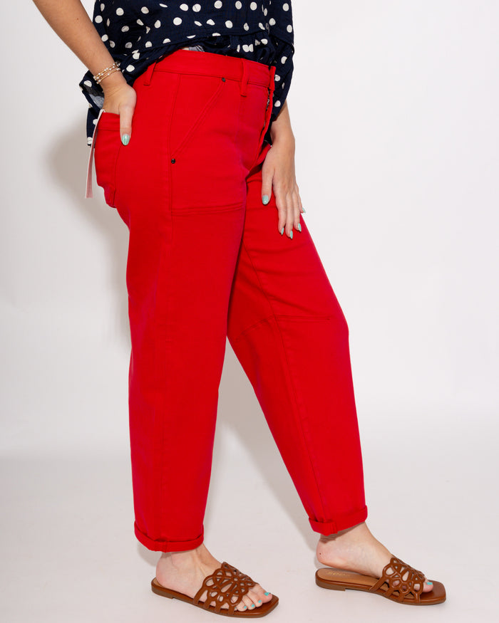 Risen | High Rise Ankle Barrel Pants in Scarlett