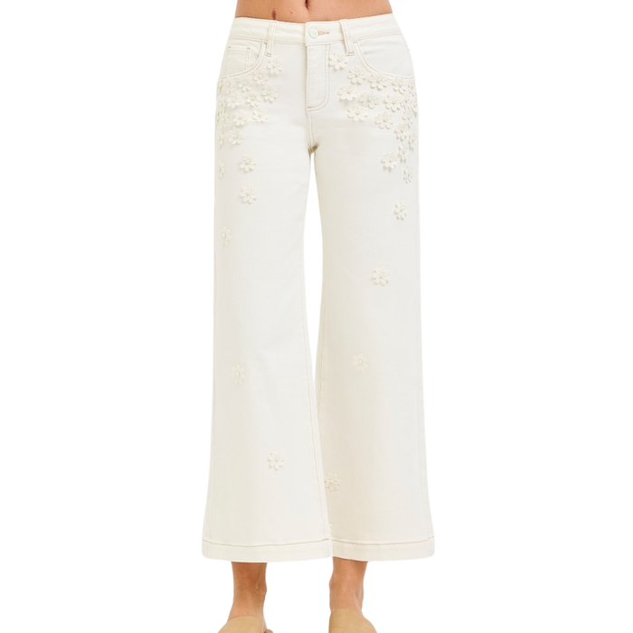 Risen: Mid Rise Crop Wide Flower Detail Pants