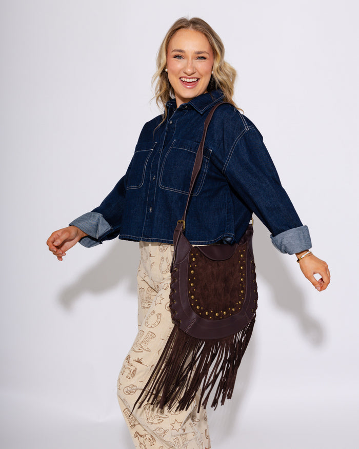Rivet Trim Suede Fringe Shoulder Bag