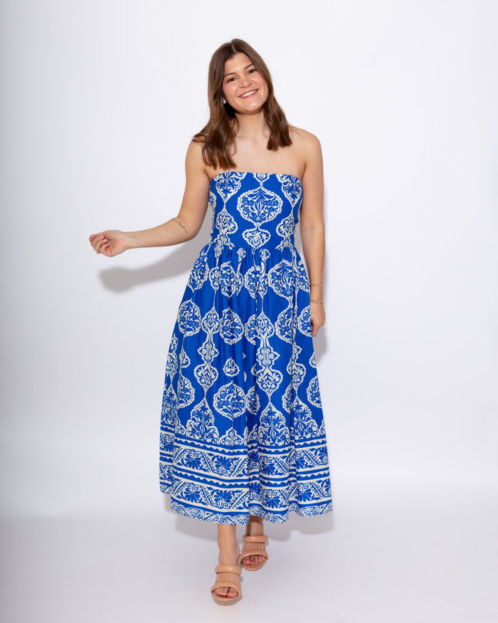 Royal Blue Strapless Smocked Midi Dress