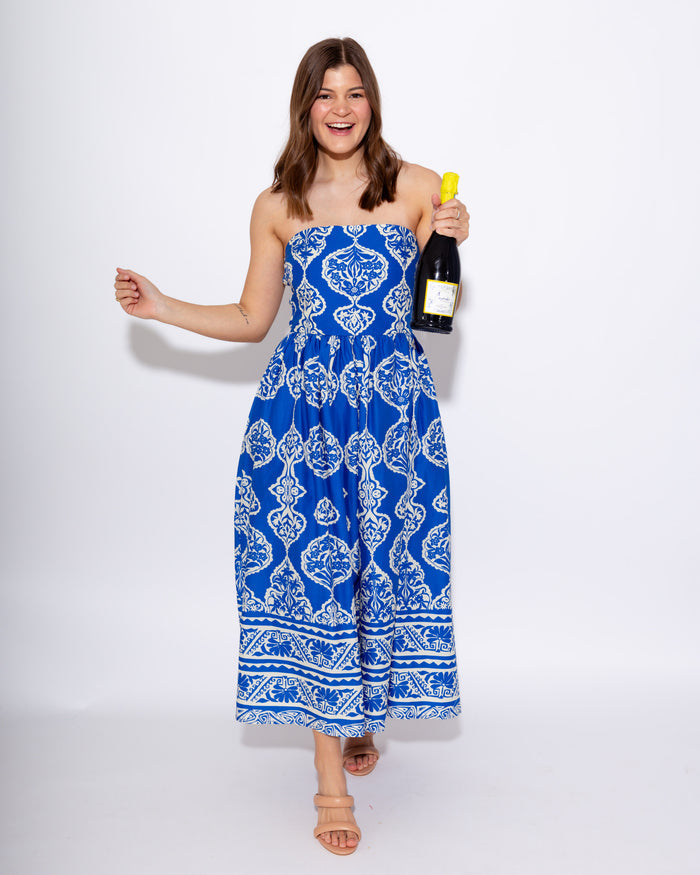 Royal Blue Strapless Smocked Midi Dress