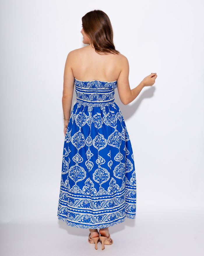 Royal Blue Strapless Smocked Midi Dress