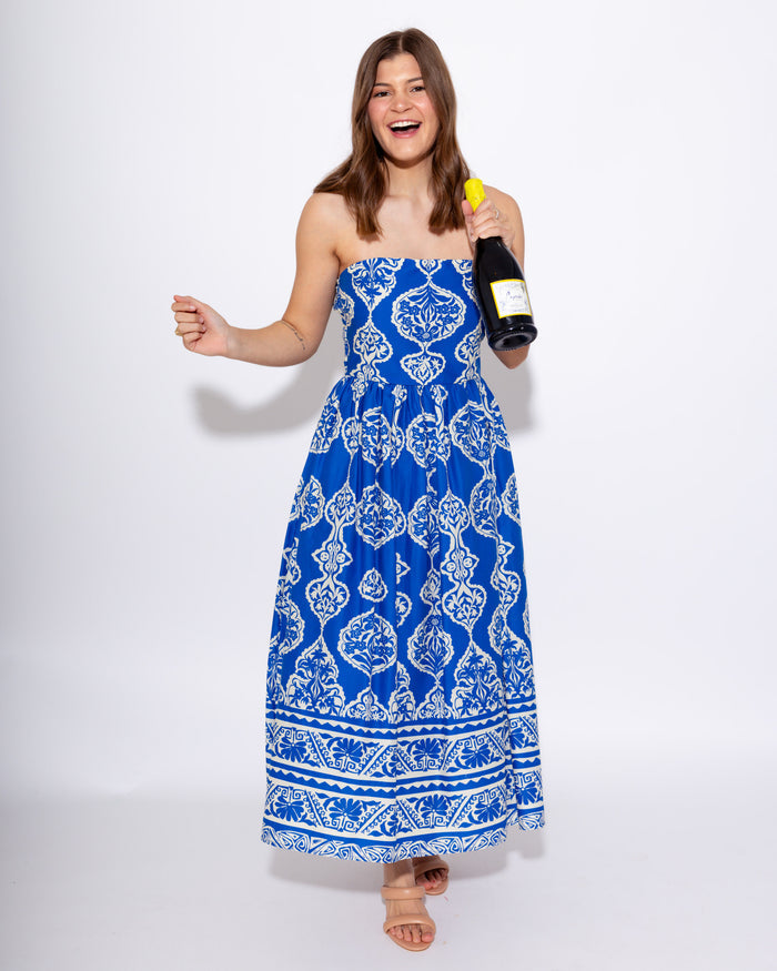 Royal Blue Strapless Smocked Midi Dress
