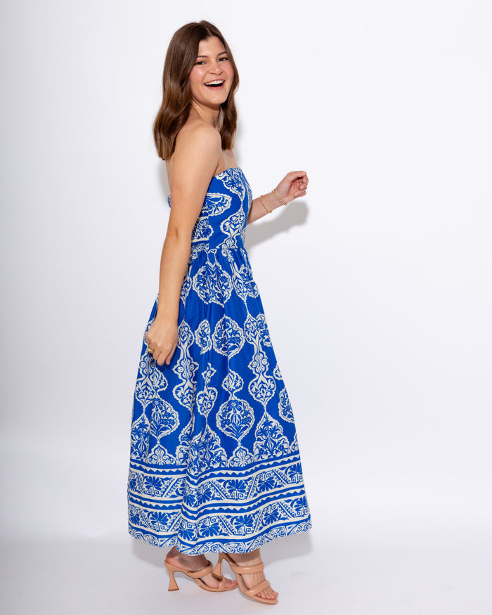 Royal Blue Strapless Smocked Midi Dress