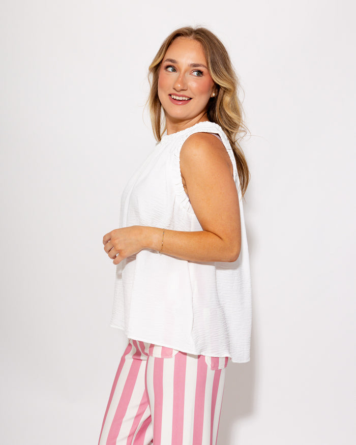 Ruffle Neck Sleeveless Top in Off White