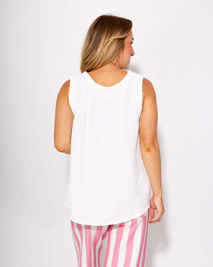 Ruffle Neck Sleeveless Top in Off White