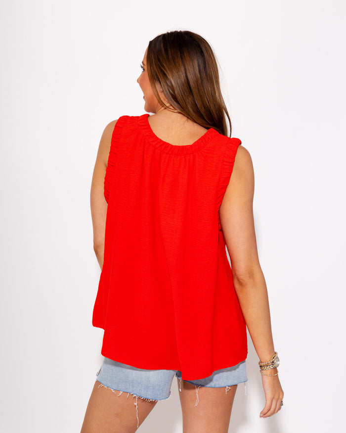 Ruffle Neck Sleeveless Top in Tomato