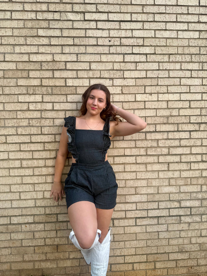 Ruffle Shoulder Denim Romper
