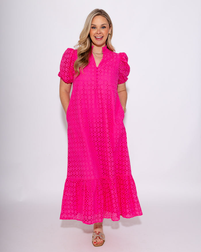 Ruffled Neck Eyelet Midi Dress in Hot Pink