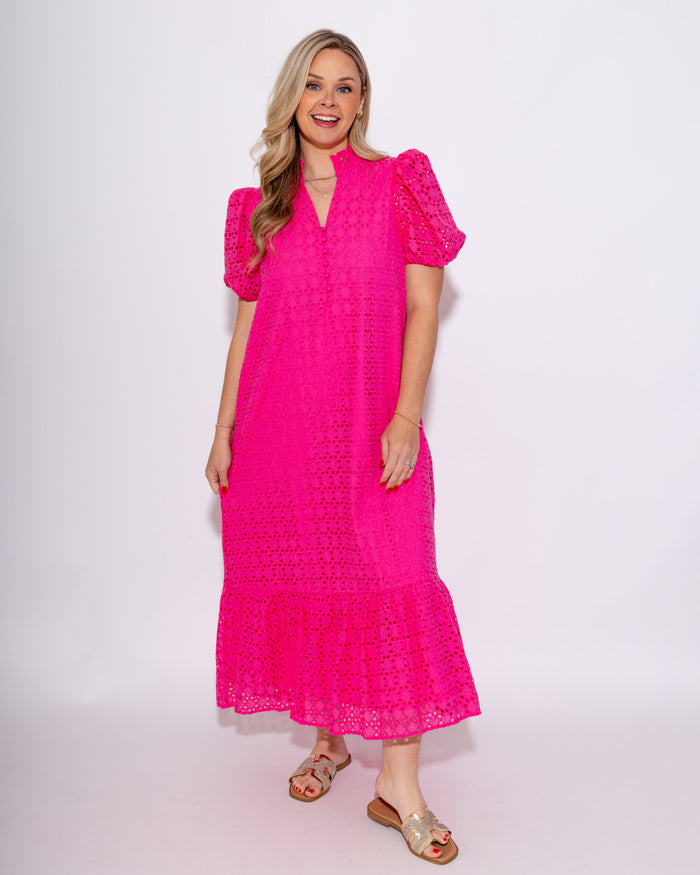 Ruffled Neck Eyelet Midi Dress in Hot Pink