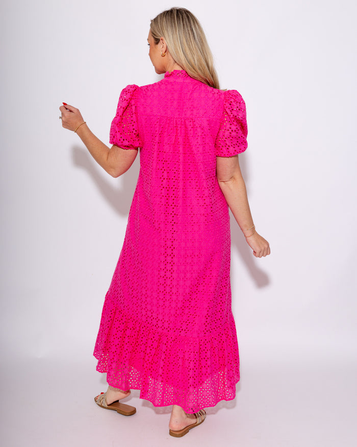 Ruffled Neck Eyelet Midi Dress in Hot Pink