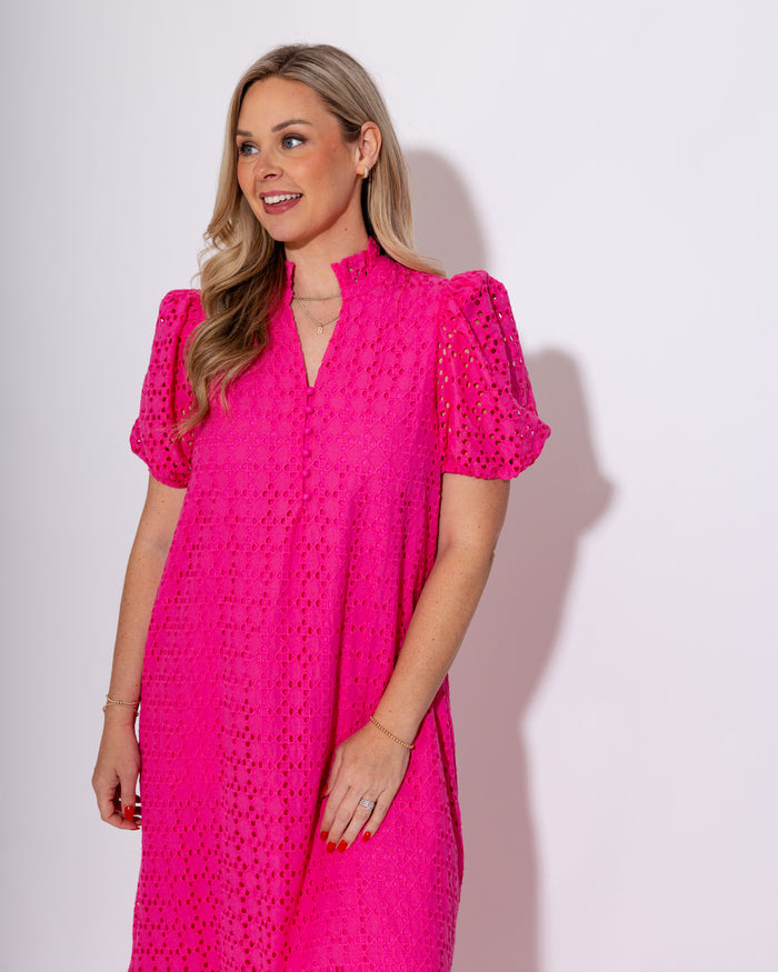 Ruffled Neck Eyelet Midi Dress in Hot Pink