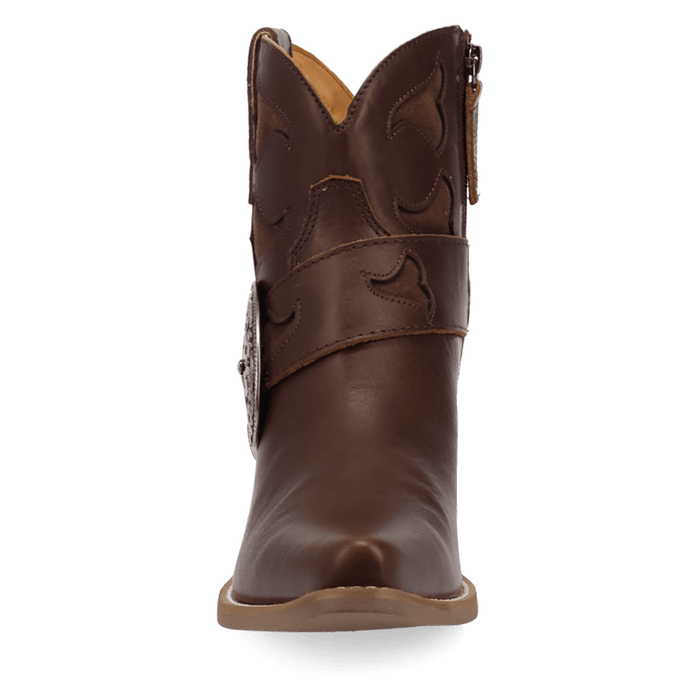 PRODUCT SHOT SADDLE UP LEATHER BOOTIE AT FRONT ANGLE