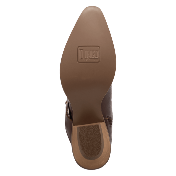 PRODUCT SHOT SADDLE UP LEATHER BOOTIE AT OUTSOLE ANGLE