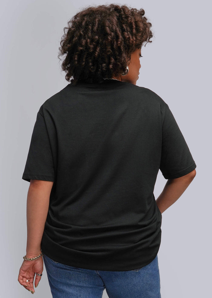 1X=A person shown from the back wearing a black short-sleeve t-shirt and blue jeans against a light gray studio background.