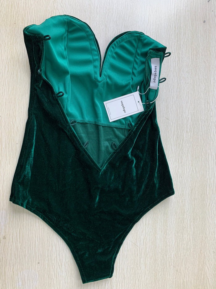 Saqulopr Bodysuit Halloween Emerald Green Velvet Leotard Corset Back