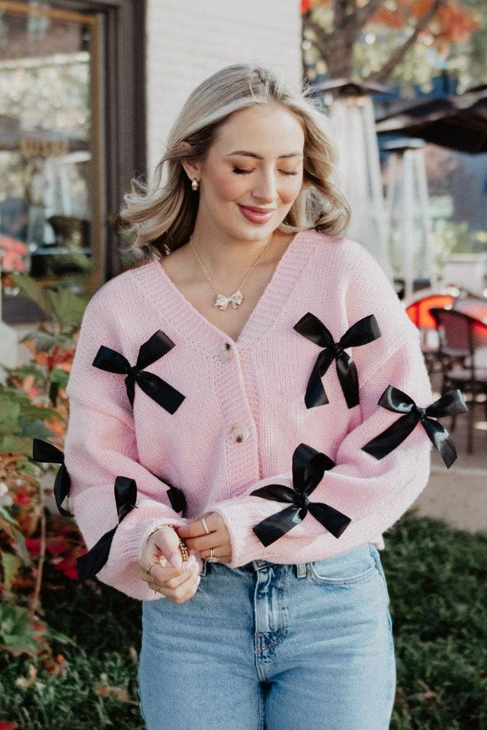 Satin Bow Open Front Knit Wholesale Cardigan