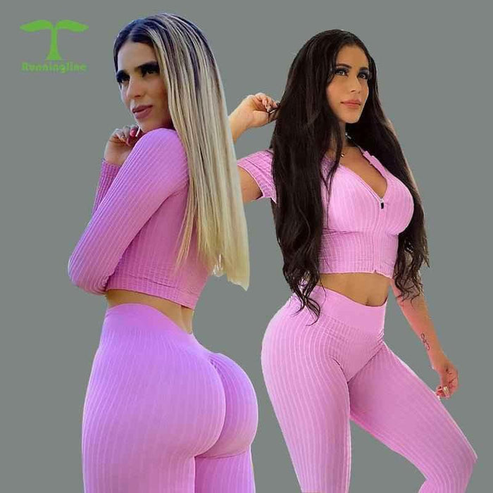 Seamless Ribbed Zipper Short Sleeve Top & Peach Bum Legging Yoga Set - Allen-Fitness