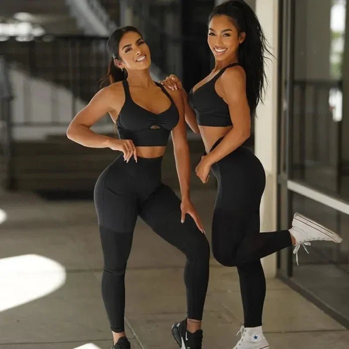 Seamless Yoga Leggings 2 Piece Gym Workout Set For Women - Breathable & Comfortable Athletic Wear - Allen-Fitness