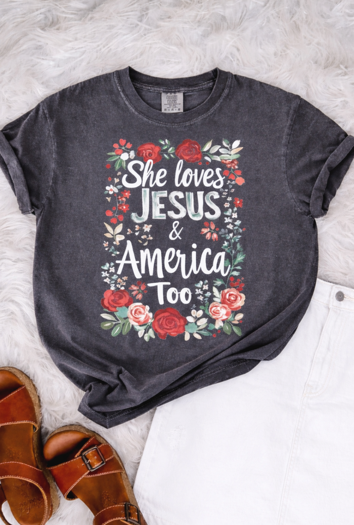 SHE LOVES JESUS & AMERICA TOO FLORAL GRAPHIC TEE - PEPPER