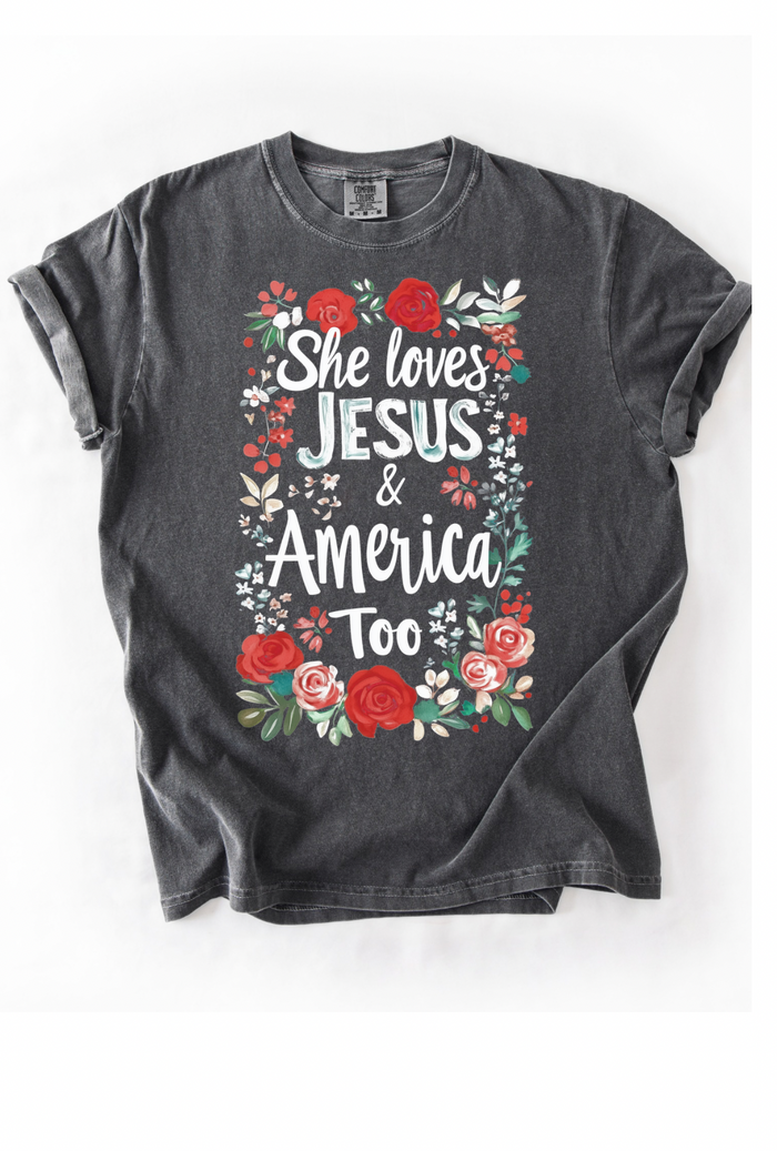 SHE LOVES JESUS & AMERICA TOO FLORAL GRAPHIC TEE - PEPPER