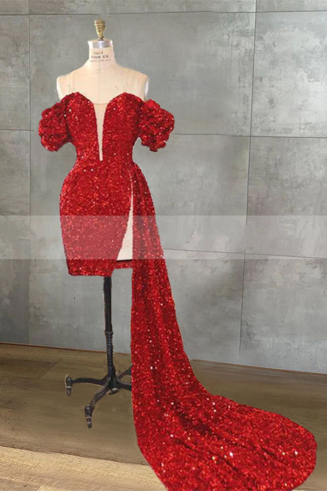 Short Homecoming Dress 2022 Shoulder V Neck Short Sleeves with Long Skirt